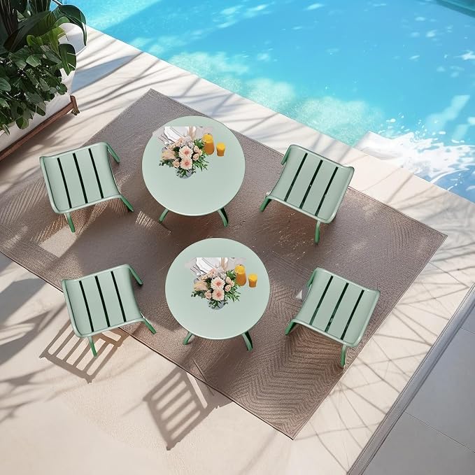 LOKKHAN 6-Piece Outdoor Patio Dining Set, Mint Green, 2 Round Tables and 4 Stackable Slatted Chairs, Minimalist Modern Poolside Garden Lounge Furniture, Sturdy Metal Frame, Balcony - Friendly