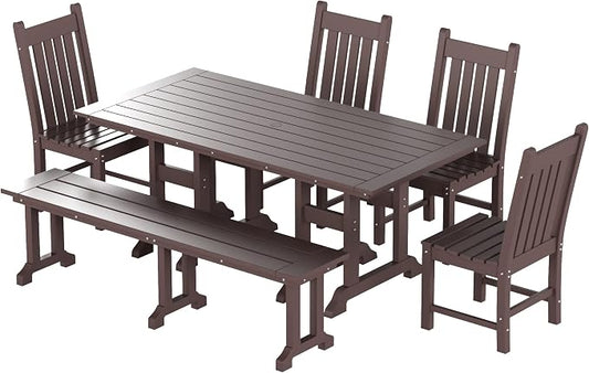 WO Home Furniture Adirondack Patio Dining Chair Table Bench Set of 6 PCS Rectangle Dinner Table Dining Armless Chairs (Dark Brown)