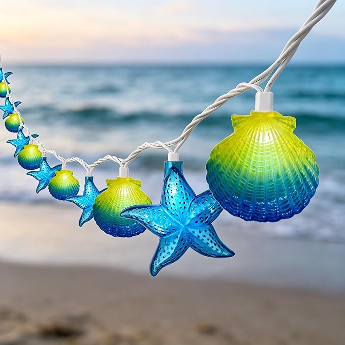 8.5Ft Beach Themed Seashell String Lights, 10L LED Starfish Seashell Lights | Plug in for Boho Coastal Bedroom Seashell Party Nautical Party Holiday Decor, Indoor Outdoor