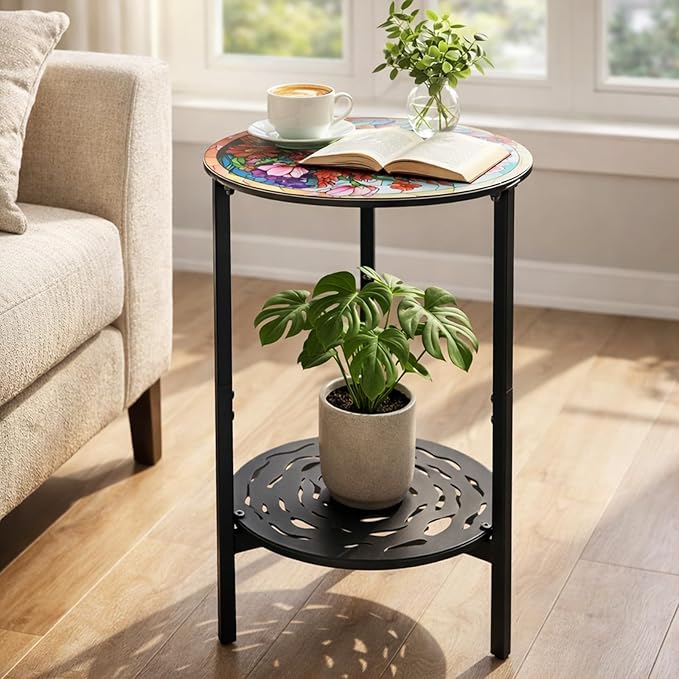 2-Tier Metal Round Side Table Accent Coffee Tables Small Space Corner Plant Stand Shelf for Indoor Outdoor Use Patio Balcony End Table Colorful Floral Print Weather-Resistant