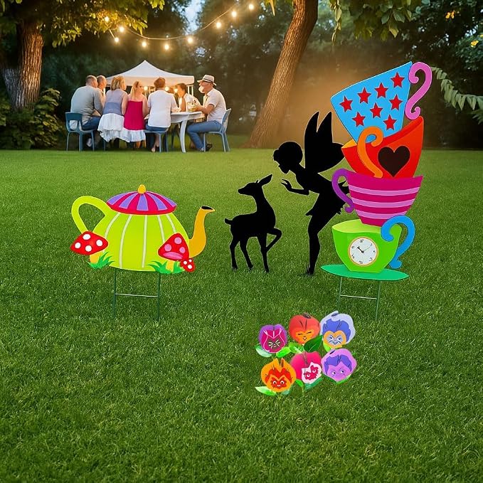 2 Pcs Giant Alice Party Decorations Props Sets Wonderland Yard Signs Decor Mad HatterTea Party Decoration Alice Themed Trick or Treat Stacked TeacupsTeapot with Stakes Stand Indoor Outdoor