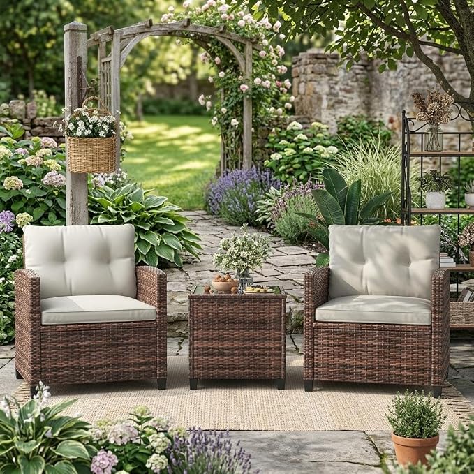 GarveeLife 3 Piece Wicker Patio Furniture Set, Outdoor Rattan Chairs with Side Table, All-Weather Conversation Set for Balcony, Porch or Backyard, Brown Gradient Wicker with Cushions