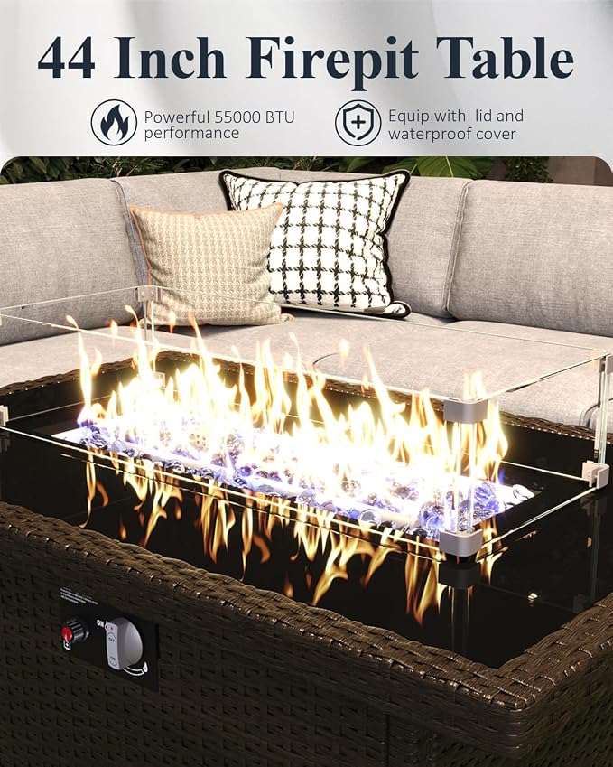 LayinSun 11-Piece Outdoor Modular Wicker Sectional Sofa with Fire Pit Table, Patio Furniture Conversation Set with Deep Seating and Thick Cushions