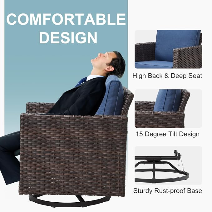 Belord 7 Piece Outdoor Furniture Patio Wicker Sofa Set, Oversize Outdoor Swivel Rocker Chairs with Rattan Ottomans, Conversation Sets Patio Furniture Come with Removable Washable Cushion Blue, Brown