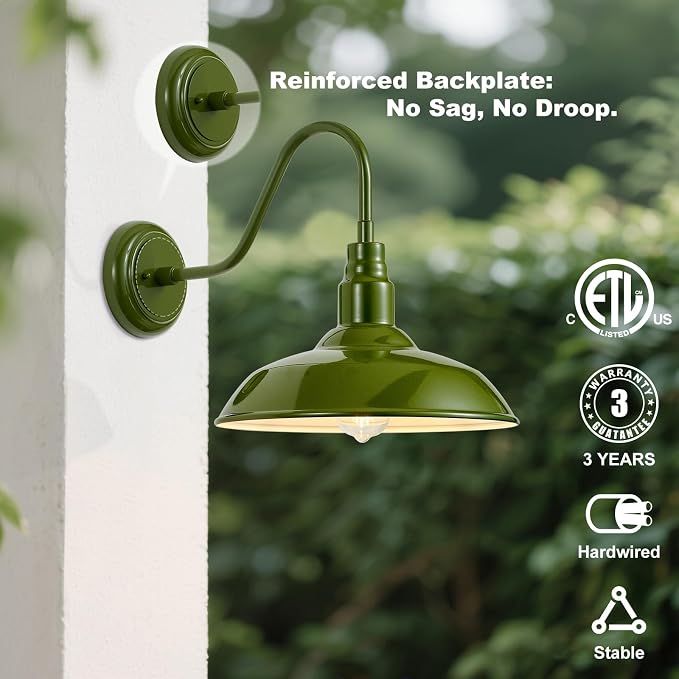 14 Inch Dome Outdoor Gooseneck Barn Lights Olive Green Farmhouse Exterior Wall Lights for Porch, 2Pack Patio Barn Style Wall Mount Gooseneck Lighting for House, Garage