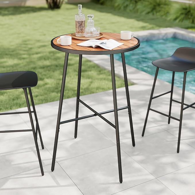 COSTWAY Outdoor Bar Table, 41" Bar Height Patio Round Table with Acacia Wood Top & Metal Frame, High Top Outside Pub Height Bistro Dining Table for Balcony, Garden and Backyard
