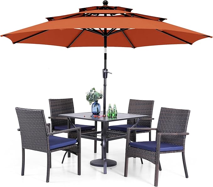 PHI VILLA 5pc Patio Dining Set with Umbrella, Square Table, Rattan Chairs | Includes 37" square metal table, 4 cushioned rattan chairs, and 10ft red umbrella. Perfect for patio, deck, yard, or porch