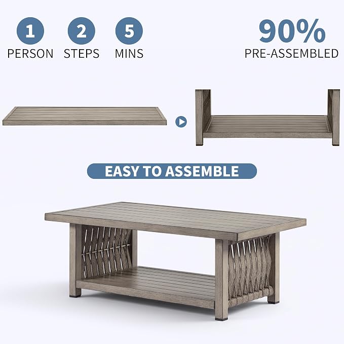 Outdoor Patio Coffee Table, 2-Tier Rectangle Outdoor Patio Table with Rope Weave, Modern Accent Table with Heavy-Duty Aluminum Frame, Patio Furniture Set for Garden Porch Yard Deck, Gray Oak