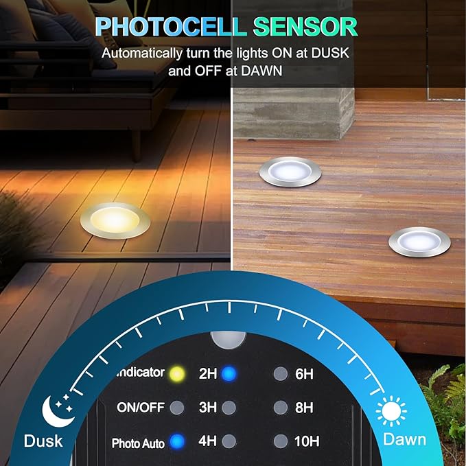 Dimmable LED Deck Lights with Timer and Photocell Sensor and Protecting Shell φ32mm,40Pack Outdoor LED Smart Deck Lighting IP68 Waterproof for Garden,Yard Stair, Patio, Floor Decoration
