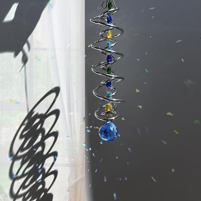 FONMY Gazing Ball Spiral Tail -Decorative Wind Spinner Sun Catcher Rainbow Maker Double-Spiral W/Sea Blue Crystal Ball and Chain Crystals for Indoor Outdoor Garden Decoration -14 inch Height