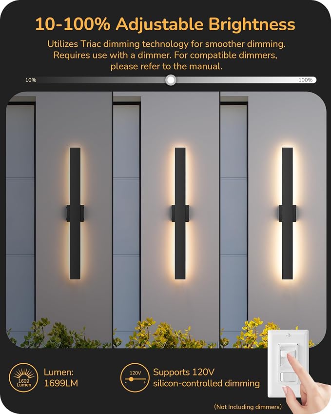 EDISHINE 31.5" LED Outdoor Wall Lights, 3CCT & 10%-100% Dimmable, IP65 Waterproof, Modern Exterior Lighting Fixtures, Long Exterior Wall Lights for Garage, Front Door, 2 Pack, Black