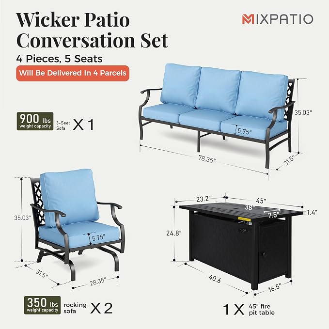MIXPATIO Patio Furniture Set with Firepit Table, 4 Pcs Metal Outdoor Conversation Set, 2 Rocking Chairs and 3 Seater Sofa with 5.75" Extra Thick Cushion and Gas Fire Pit Table for Backyard Deck, Blue