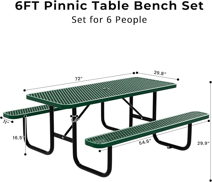 6FT Rectangular Steel Outdoor Picnic Table, Commercial Picnic Table Bench Set with Umbrella Hole, Weather-Resistant Heavy Duty School Dining Table for Stores, Park, Patio, Garden, Backyard, Green
