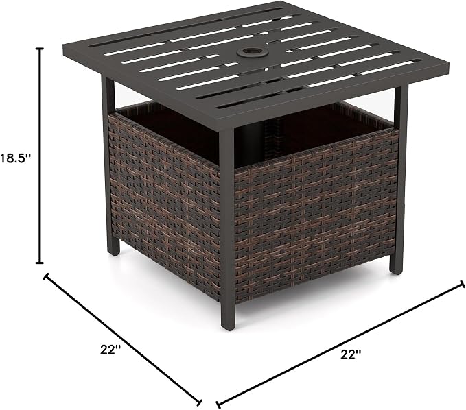 Tangkula Outdoor Table with Umbrella Hole, Rattan Umbrella Stand Table, Wicker Outside Side Table with Steel Metal Frame, Patio Bistro Table for Deck Garden Pool Yard, 22 x 22 x 18.5 Inch (Mix Brown)
