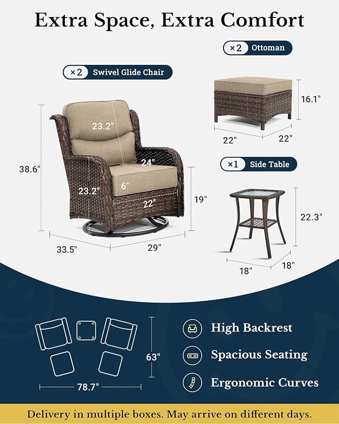 HILLGA 5-Piece Luxury Patio Furniture Set with 6" Thick Cushions, Weather-Resistant Wicker High Back Swivel Rocker Chairs, Senior-Friendly Conversation Set for Small Porch, Deck and Sunroom, Beige(V2)