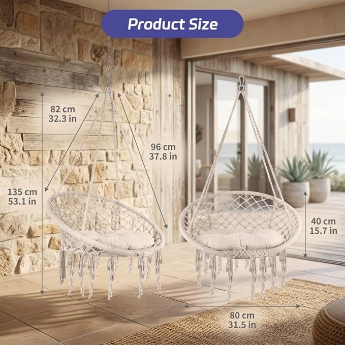 Light Beige Macrame Hammock, Stand-Free Hammock Without Stand, Cotton Porch Swing for Balcony Bedroom Homestay Garden Daily Relax Furniture