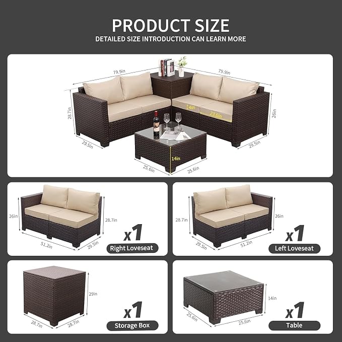 4 Piece Outdoor Patio Furniture Set Brown Rattan Sectional Sofa Couch with Storage Box, PE Wicker Conversation Sets, Glass Top Table, Khaki Cushions for Backyard Garden Lounge