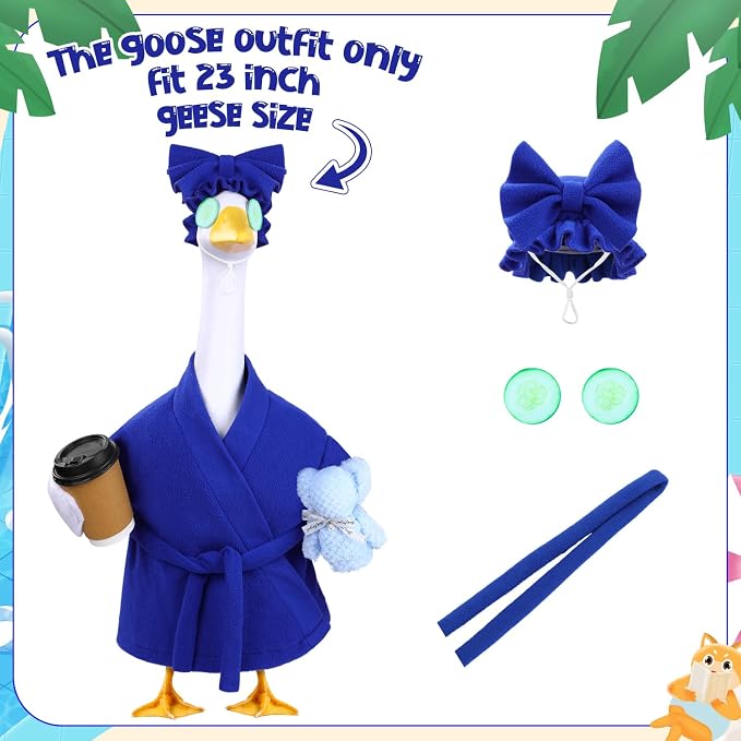 Celltestria Lady Goose Outfits for 23" Geese Blue Bathrobe Porch Goose Costume Coffee Cup Bear Cucumber Eye Mask Goose Clothes for Outdoor Patio Yard Lawn Garden Decoration