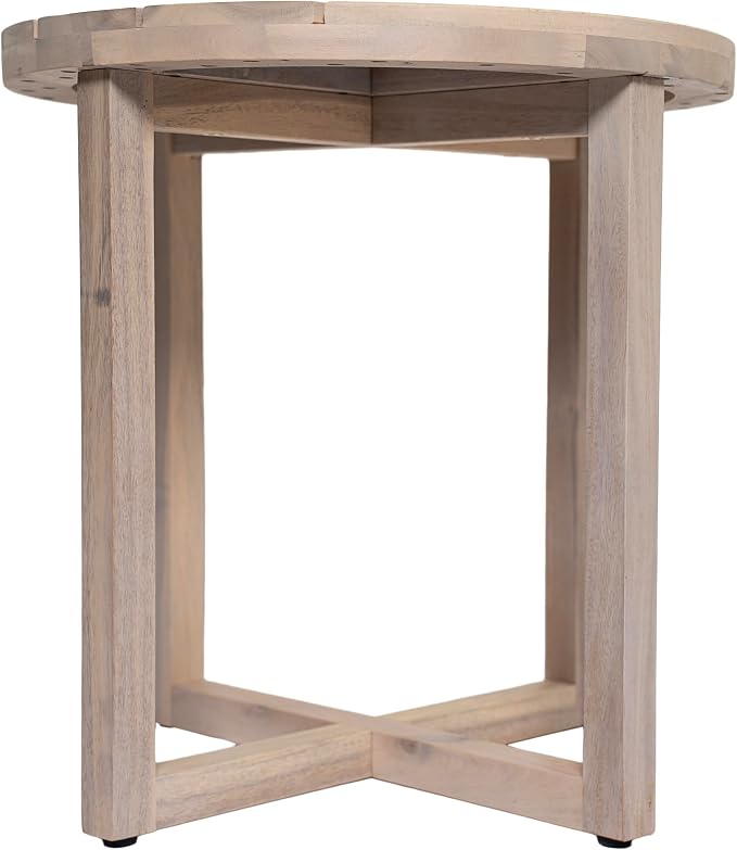Merax Acacia Outdoor Wood Round Accent Side Table, Cross Base Design with Slat Detailing, Weather-Resistant, Light White