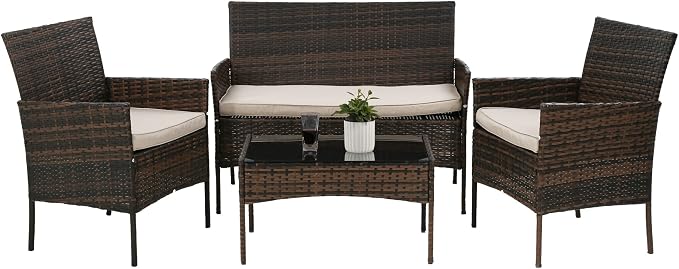 PayLessHere 4 Pieces Patio Furniture Set Rattan Outside Furniture Wicker Sofa Garden Conversation Sets with Soft Cushion and Glass Table for Yard Pool or Backyard,Brown
