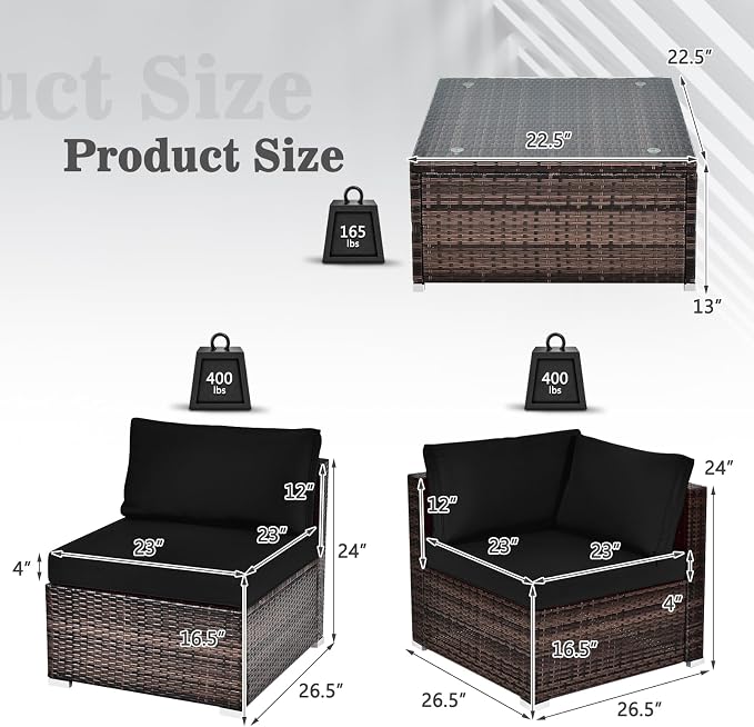 Tangkula 6 Pieces Patio Furniture Set, Outdoor Wicker Conversation Set with Glass Coffee Table, Wicker Sofa Set with Back & Seat Cushions, Rattan Sectional Conversation Couch Set for Backyard Garden