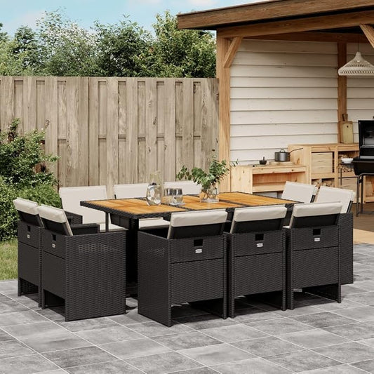 11-Piece Outdoor Patio Dining Set with Cushions Black PE Rattan Furniture, Acacia Wood Table & Foldable Chairs for Garden Backyard Balcony Porch