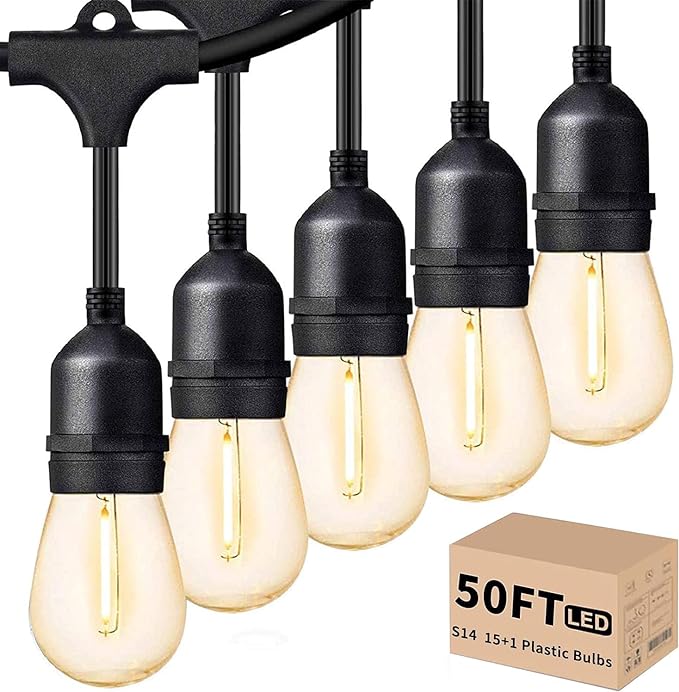 Svater Outdoor Led String 50FT, Patio Lights with 16pcs S14 Shatterproof Bulbs, 1 Watt E26 Dimmable 2700K Warm White, IP65 Waterproof, Commercial Grade Lights