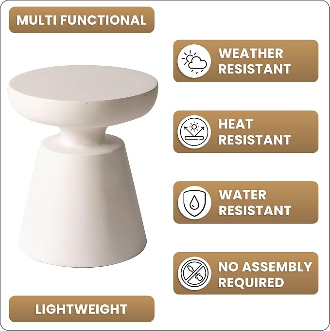 LeisureMod Minimalist Modern Side Table Round Fiberstone Tabletop Pedestal Base, Accent Table for Home Patio Living Room Weather-Resistant, Isle Cream
