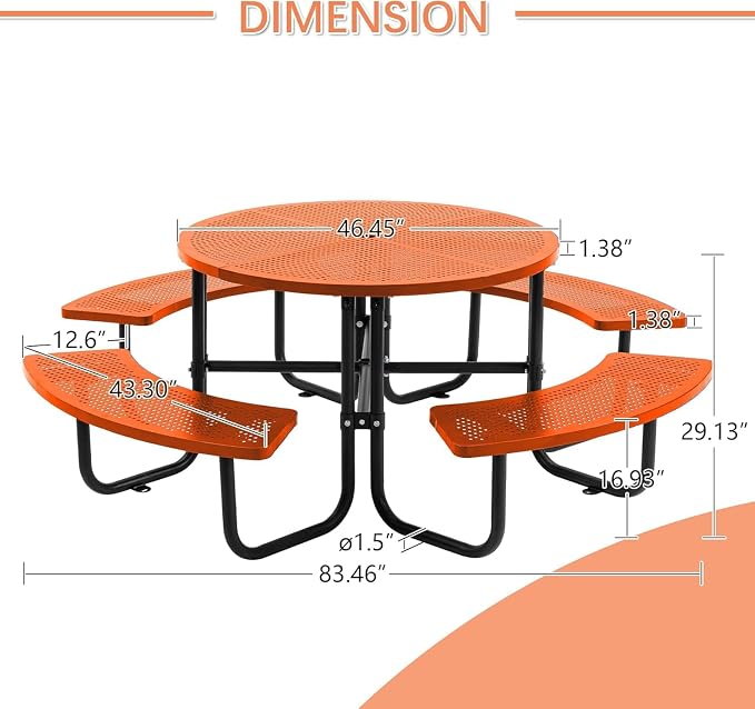 Coated Steel Heavy Duty Picnic Table for Outdoors 3200 lbs Load, Round Camping Table with Umbrella Hole up to 1.78", Commercial Picnic Table with Benches, Orange