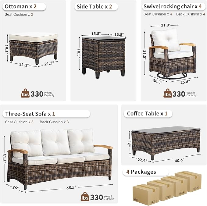MEISSALIVVE 10 Pieces Patio Furniture Sets,Wicker Patio Conversation Sets with 4 Wood Armrests Swivel Glide Chairs, 2 Ottoman, 3-seat Sofa and Coffee Table (Beige)