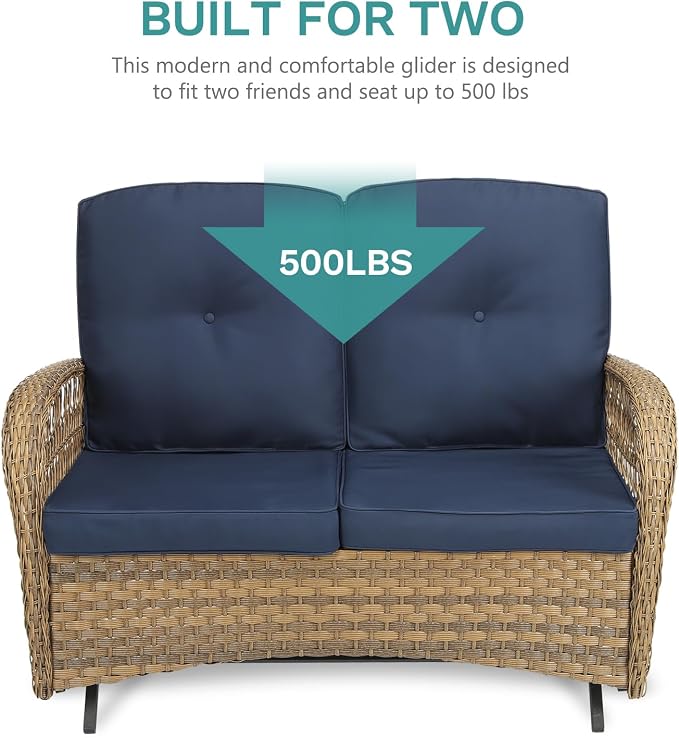 MEETWARM 4-Piece Outdoor Patio Conversation Set with Glider Loveseat, 2 Chairs, Glass-Top Coffee Table, Rocking Glider, Thickened Cushions, Navy Blue