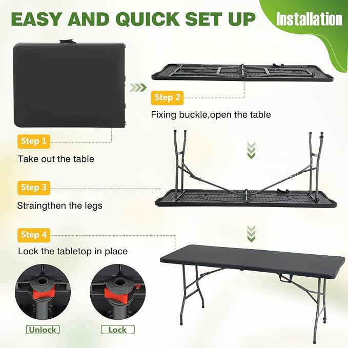 6FT White Folding Table, Portable Collapsible Dinner Table – Indoor/Outdoor Use for Camping, Patio, Yard, Wedding, Party & Cocktail Display, 500LBS (Black)