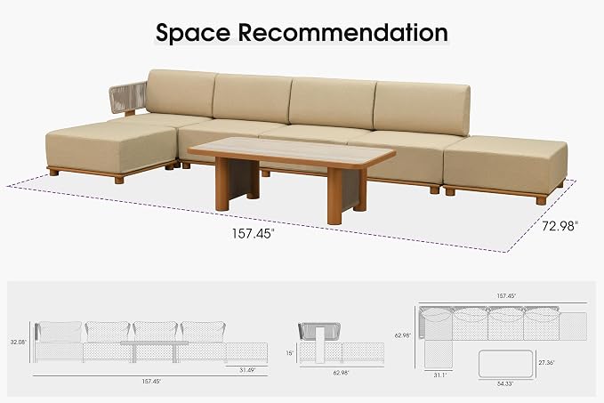 PURPLE LEAF Patio Furniture Set Modular L-Shaped Outdoor Sectional Sofa with 11" Thick Cushion 7-Piece Outdoor Conversation Set w/Ottomans & White Lights for Backyard Poolside Table Included, Beige