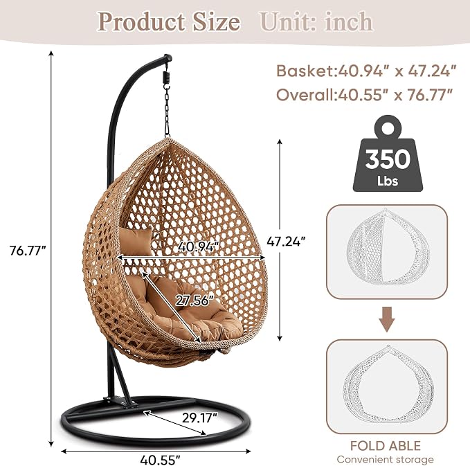 Hanging Egg Swing Chair with Stand, Rattan Wicker Hanging Egg Chair Hammock Indoor with Cushions, Swinging Chair for Bedroom Outdoor Patio Balcony Backyard Sunroom Heavy Duty 350LBS (Yellow)