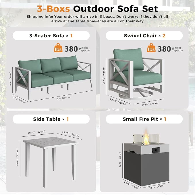 Aluminum Outdoor Patio Furniture Set with Fire Pit, 7-Piece Outdoor Sectional with 5.2" Thick Cushions, Swivel Chairs Patio Conversation Sets for Backyard,(White,5 Seats)