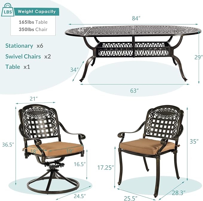 MEETWARM 9-Piece Outdoor Patio Dining Set, All-Weather Cast Aluminum Patio Conversation Set with 6 Stationary, 2 Swivel Rocker Chairs, 1 Oval Table, 8 Cushions, 2" Umbrella Hole