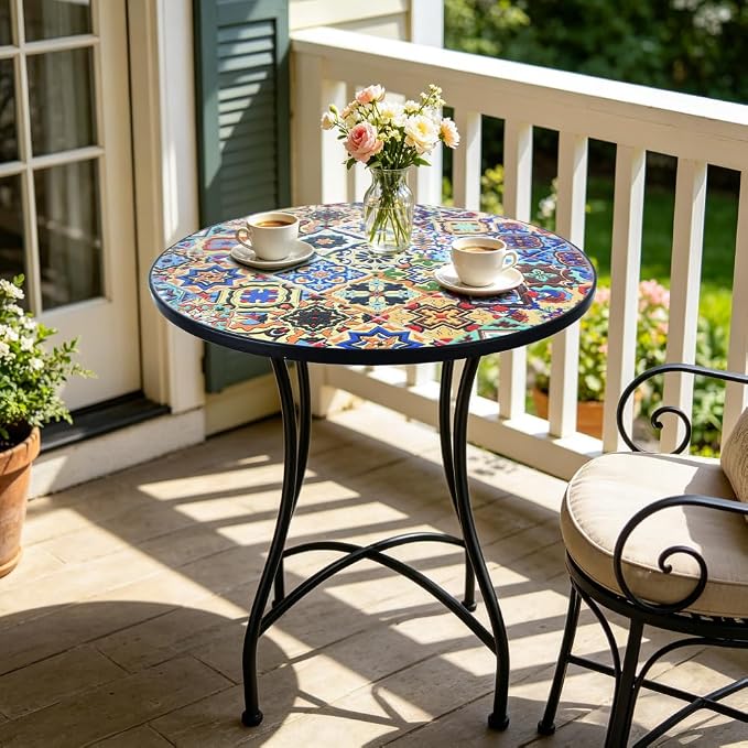 24 Inch Mosaic Patio Round Side Table with X-Curved Legs Indoor and Outdoor Accent End Table for Yard, Garden, Living Room, Bistro, B - Multicolor Talavera