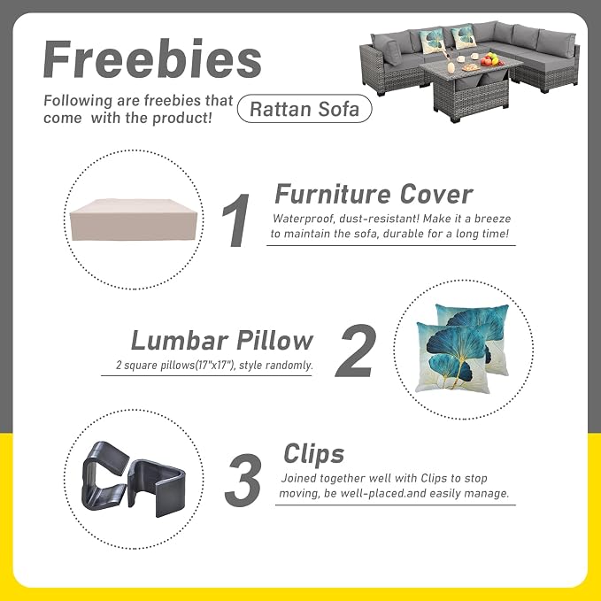 Lviden 7 Pieces Wicker Patio Furniture Set Outdoor Sectional Conversation Sofa Set with Storage Table Non-Slip Cushions and Furniture Cover, Light Grey