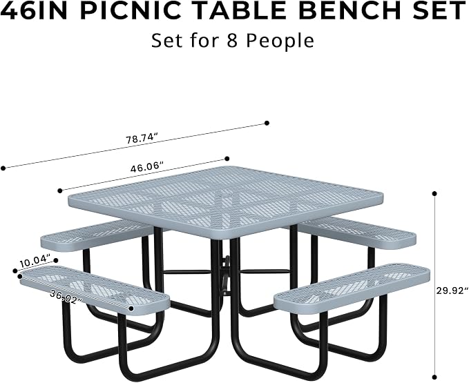 All-Weather Square Outdoor Picnic Table, Commercial Picnic Table Bench Set with Umbrella Hole, Thermoplastic Coated Metal Dining Tables for School, Stores, Park, Patio, Yard, Grey