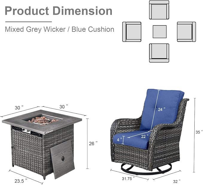 Belord Patio Furniture Set with Fire Pit Table, Outdoor Swivel Rocker Patio Chairs, Wicker Furniture Set Ideal for Porch, Deck, Pool, Yard, SunroomGray Wicker/Blue