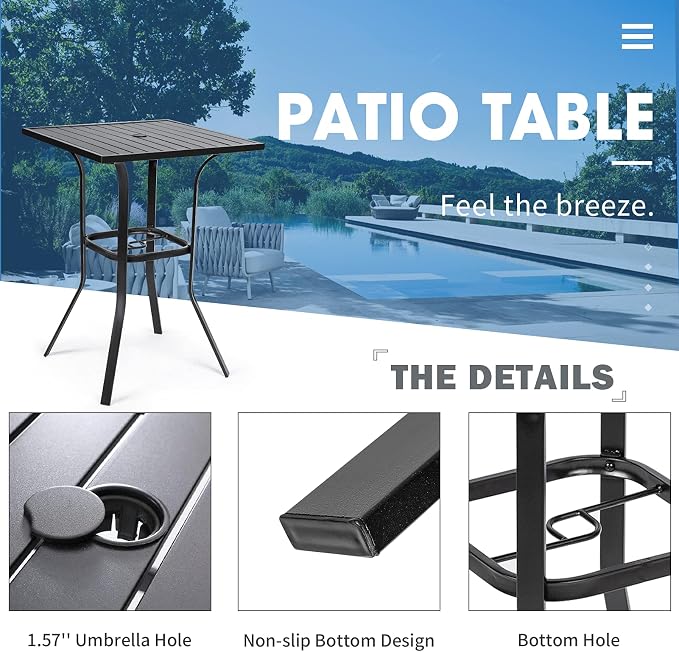 Crownland Patio Bar High 39” Table Metal Frame Outdoor Bar Bistro Table, Slatted Table Top with 1.57" Umbrella Hole, Classic Black