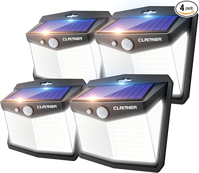 CLAONER Solar Lights Outdoor, [128 LED/4 Packs] Solar Motion Sensor Lights 3 Working Modes Outdoor Lights with 270° Wide Angle Wireless IP65 Waterproof Security Light for Fence Patio, Cold White