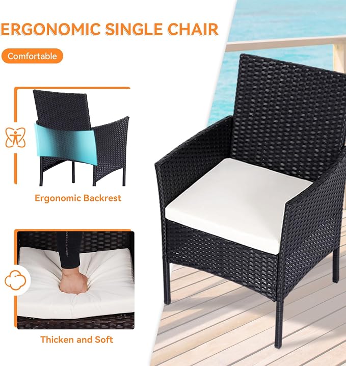 Patio Furniture Set, Outdoor Furniture Set 4 Pieces Patio Conversation Set PE Rattan Chair with Cushion Tempered Glass Table Garden Balcony Sets for Yard Pool Backyard Black/Beige