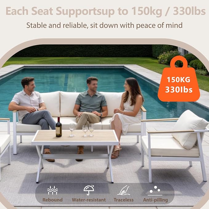 Aluminum Patio Sectional Furniture Set,5 piece Patio Conversation Sets Outdoor Patio Furniture Set Sofa with Coffee Table & Washable Cushions White