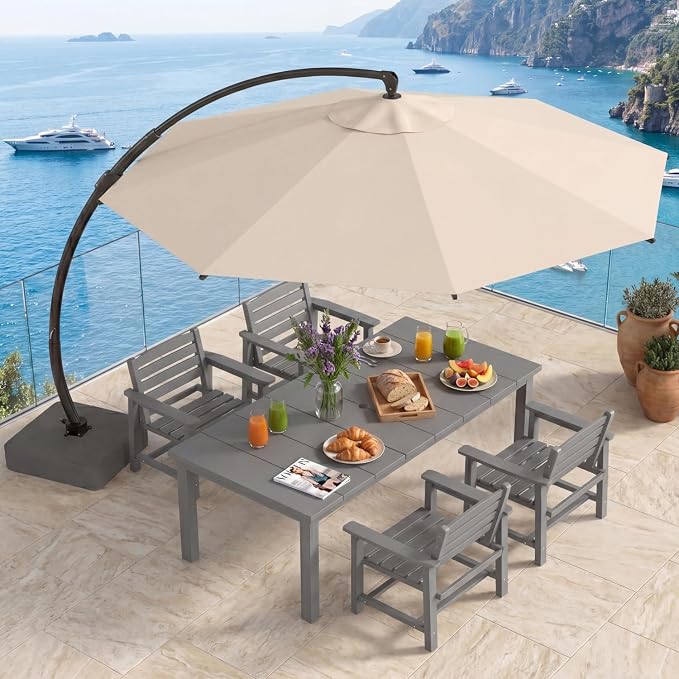 5-Piece Outdoor Dining Set with 11FT Umbrella for 4,Gray | 75.2'' HDPE table, chairs included, weather-resistant furniture with hole, ideal for lawn, poolside, yard, garden, deck