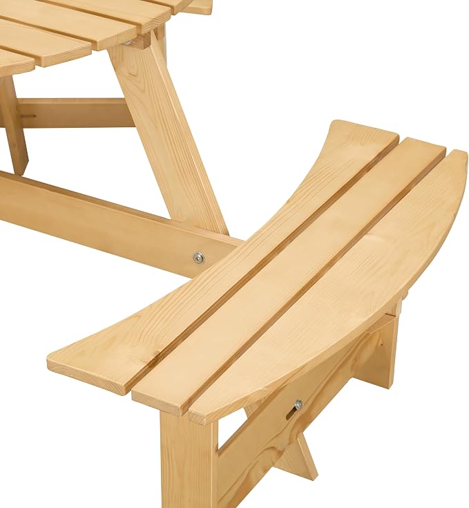JOYBASE 6-Person Wooden Picnic Table, Outdoor Round Table with Built-in Benches and Umbrella Hole, Picnic Table Bench Set for Patio, Backyard, Garden (Natural)