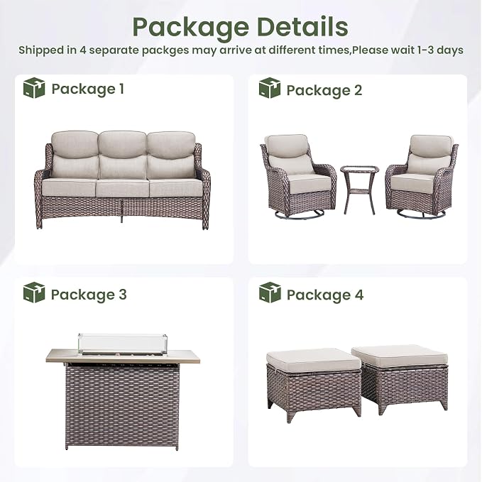 Luxury Patio Furniture Set with 6-inch Thick Cushion, Outdoor Furniture with Fire Pit Table, Swivel Chairs, Sofa, Side Table, Ottomans, 7pcs Wicker Conversation Set(Brown Wicker/Beige Cushion)