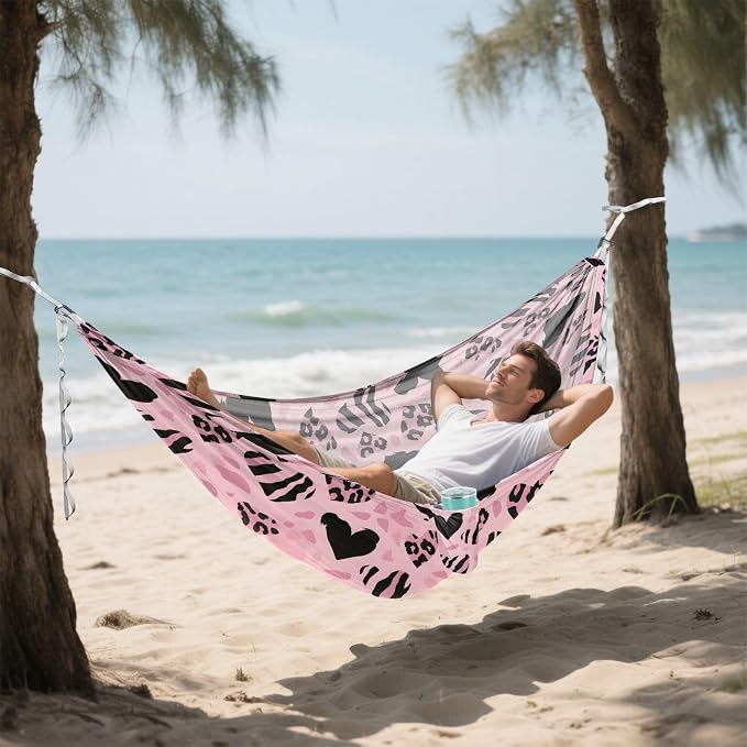 Camping Hammock Outdoor Hammocks for Outside Pink Heart-Shaped Leopard Beach Trees Portable Lightweight with Pockets Tree Straps Indoor