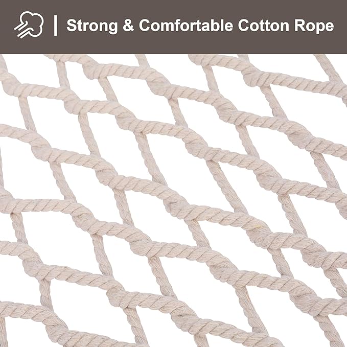 SUNCREAT Traditional Rope Double Hammock with Hardwood Spreader Bar and Detachable Large Pillow, 450 lbs Capacity