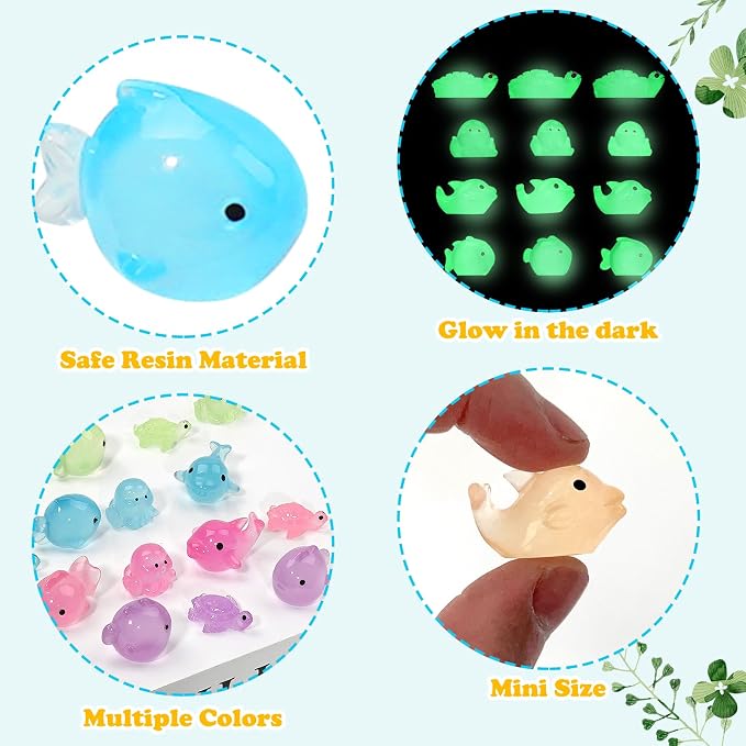 Mini Resin Ocean Animals to Hide 72 PCS Luminous Tiny Miniature Figurines Bulk Glow in The Dark Include Little Octopus Small Turtle Dolphin Fish for Aquarium Garden Micro Landscape